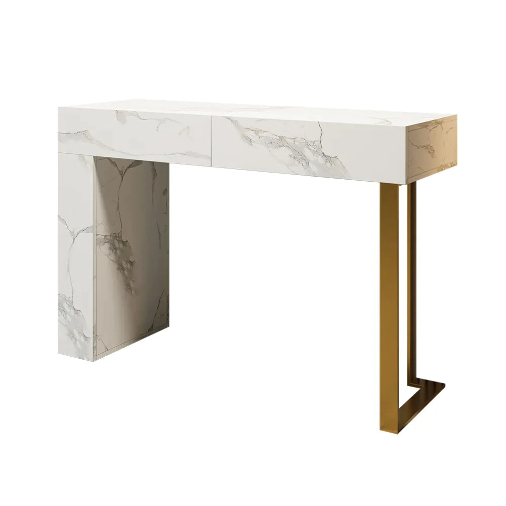 Console table pour entrée appartement ou villa pas cher qualité luxe Bois MDF effet marbre calacata blanc piètement metalique finition doré livraison partout au maroc 