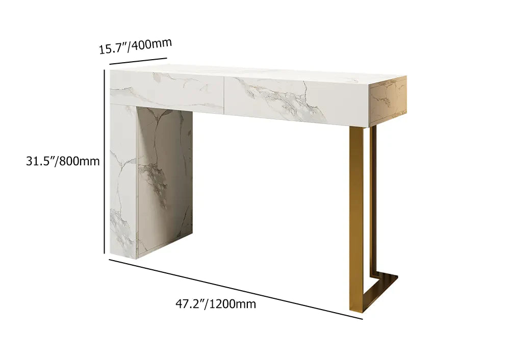 Console table pour entrée appartement ou villa pas cher qualité luxe Bois MDF effet marbre calacata blanc piètement metalique finition doré livraison partout au maroc dimention 120cm 80cm 40cm