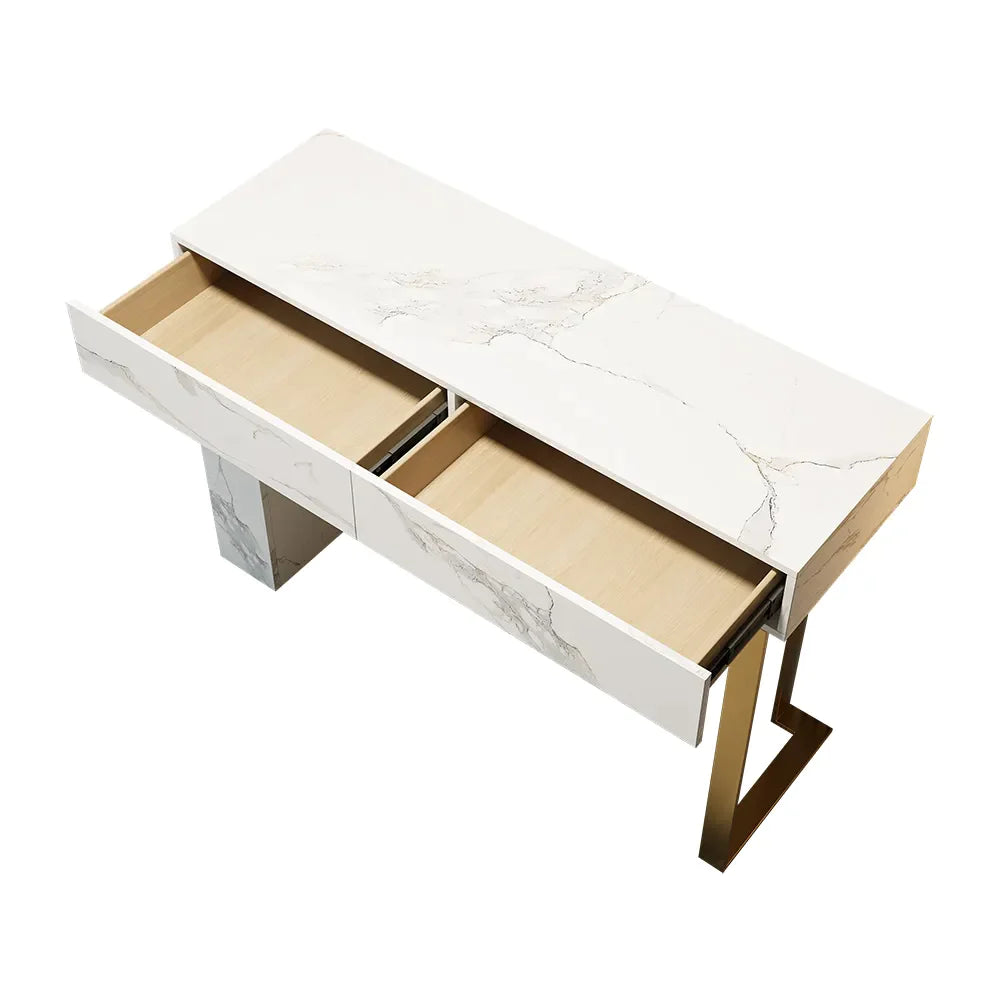 Console table pour entrée appartement ou villa pas cher qualité luxe Bois MDF effet marbre calacata blanc piètement metalique finition doré livraison partout au maroc avec deux tiroirs 