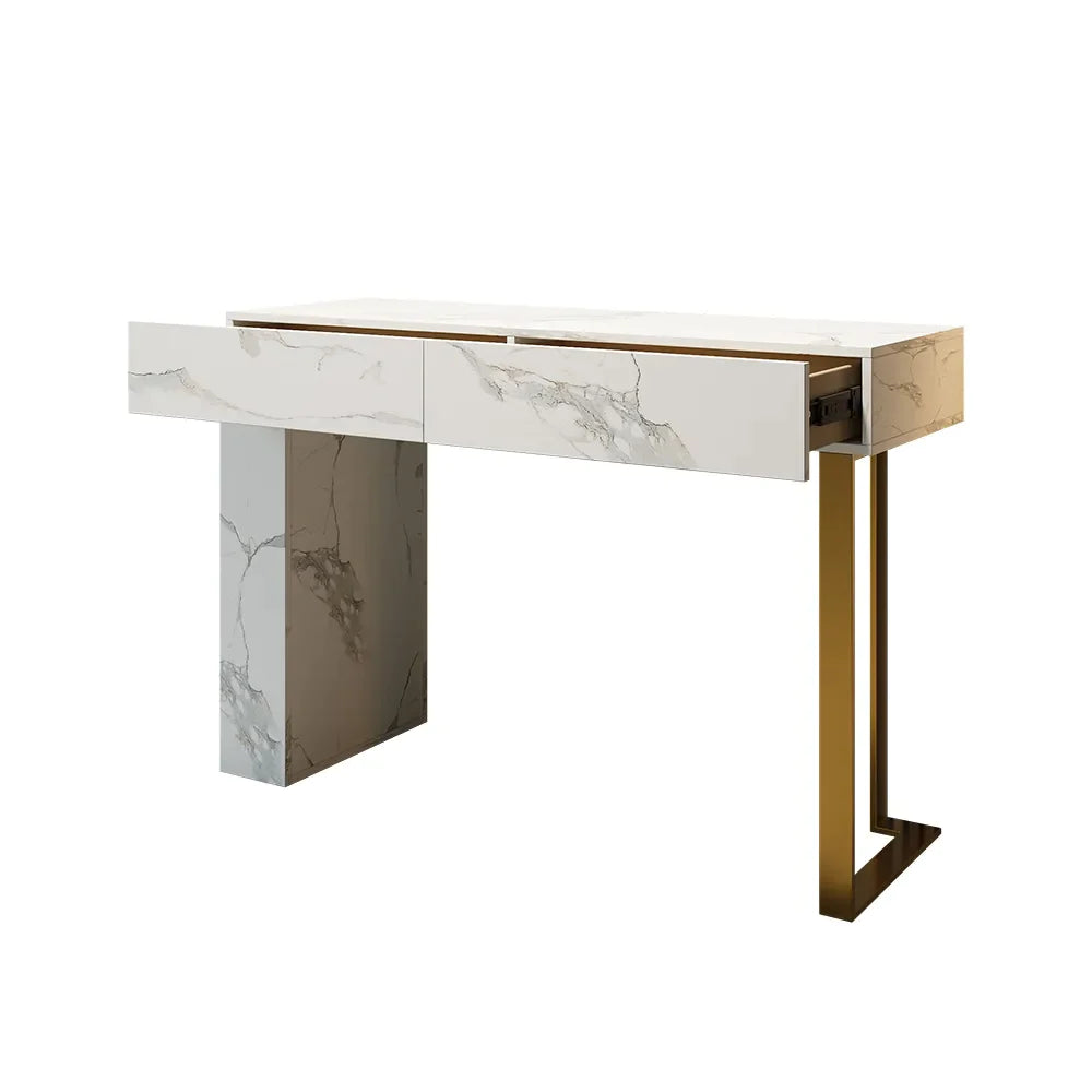 Console table pour entrée appartement ou villa pas cher qualité luxe Bois MDF effet marbre calacata blanc piètement metalique finition doré livraison partout au maroc une commande avec deux tiroirs 