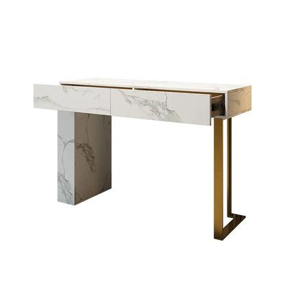Console table pour entrée appartement ou villa pas cher qualité luxe Bois MDF effet marbre calacata blanc piètement metalique finition doré livraison partout au maroc une commande avec deux tiroirs 